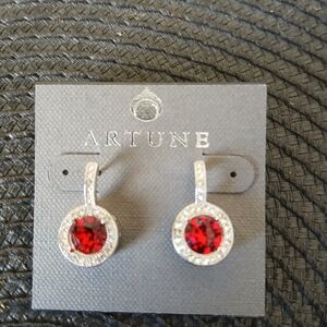 Artune Red  Swarovski Crystal Halo Drop Earrings White Gold Rhodium Plated